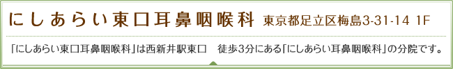 にしあらい東口耳鼻咽喉科 「にしあらい東口耳鼻咽喉科」は西新井駅東口　徒歩3分にある「にしあらい耳鼻咽喉科」の分院です。